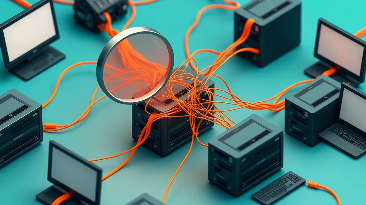 Illustration: A tangle of glowing orange threads connects several sleek, black server blades.