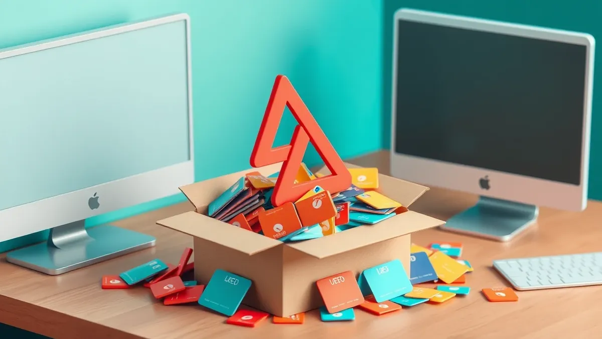 Illustration: A chaotic tangle of colorful gift cards spills from an open cardboard box onto a wooden desk.