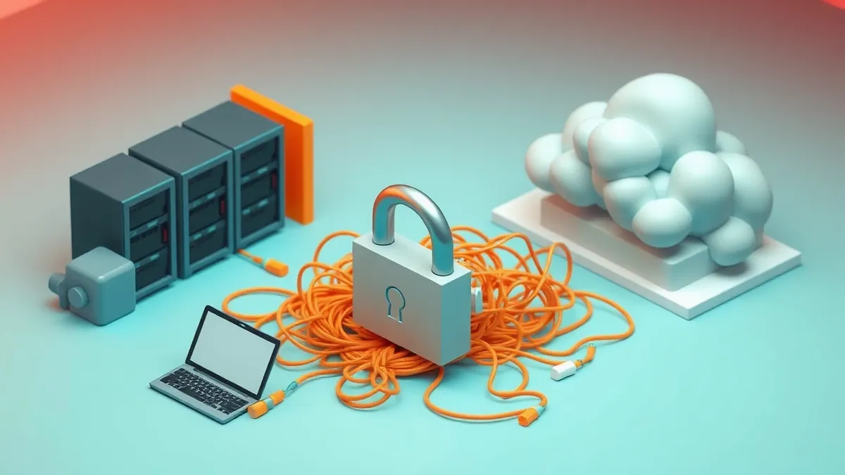Illustration: A split landscape shows a dense private server room on one side and a fluffy public cloud on the other, connected by a tangled mess of glowing data cables.