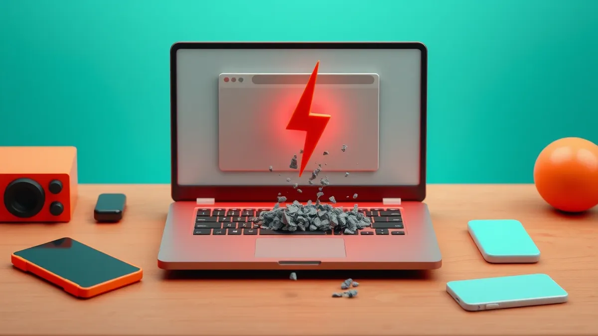 Illustration: A sleek laptop sits on a wooden desk, its screen displaying a blank web browser window.