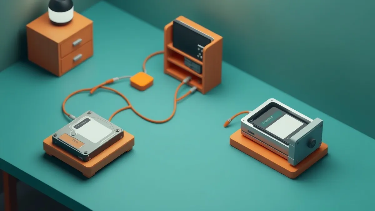 Illustration: Three hard drives sit on a desk, each connected by cables to separate locations.