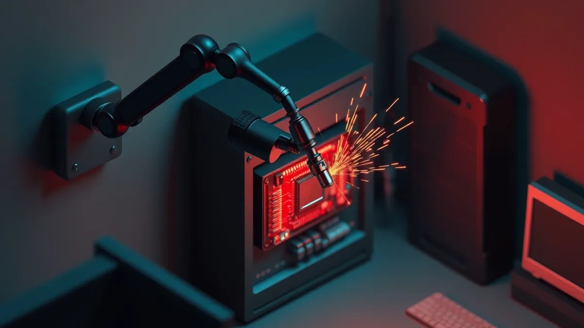 Illustration: A sleek black robotic arm extends from a wall-mounted server unit, its metallic tip hovering inches above a glowing red circuit board embedded in the chassis.