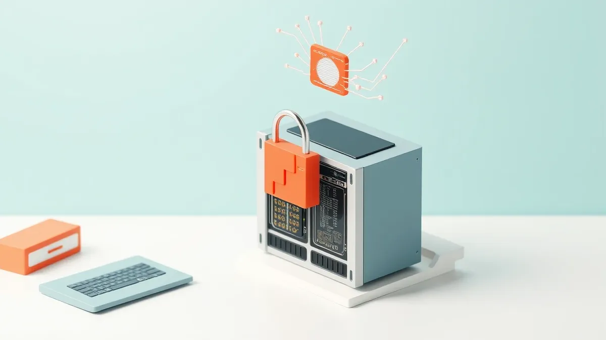 Illustration: A sleek, silver database server sits on a clean white desk with its front panel open to reveal internal circuitry.