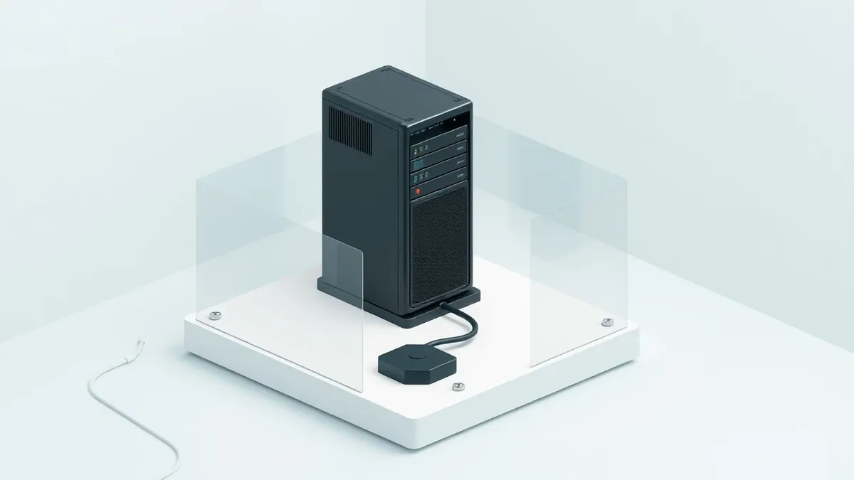 Illustration: A standalone black server tower sits isolated on a clean white table.
