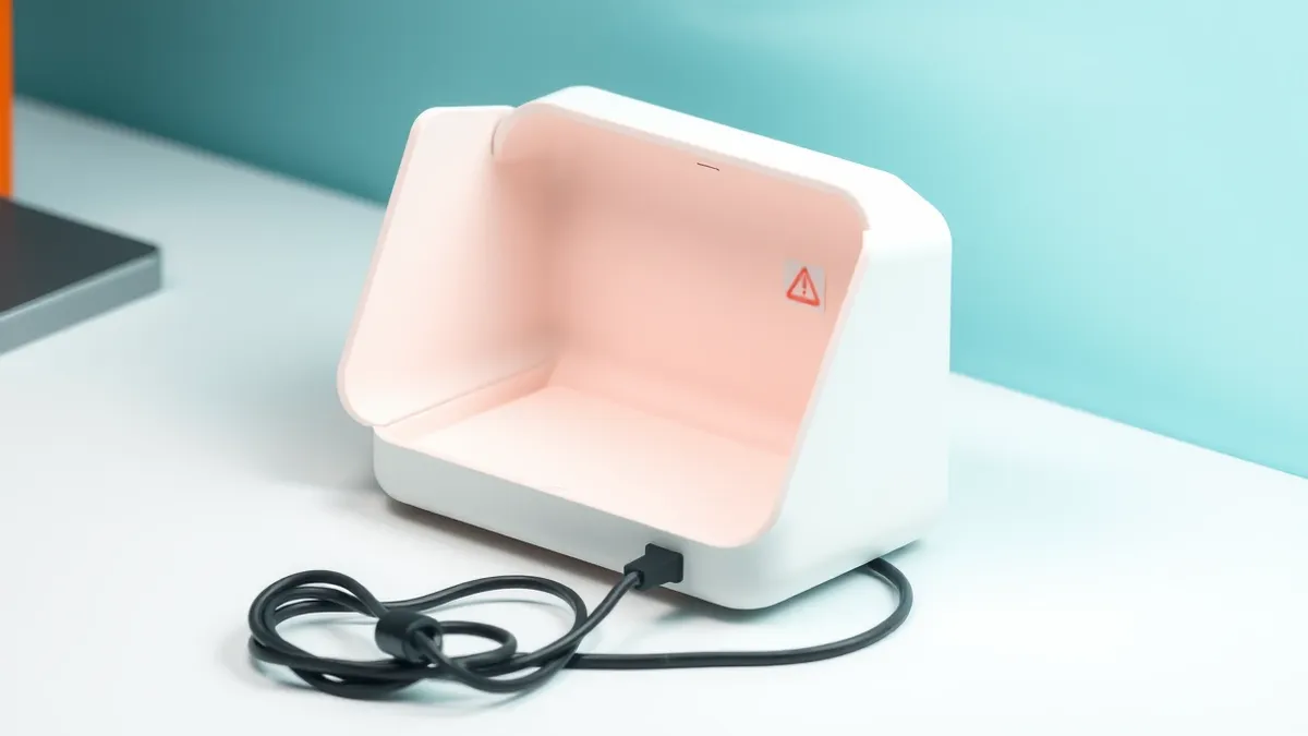 Illustration: A sleek white cloud storage device sits open on a clean desk, its smooth lid reflecting harsh overhead light.