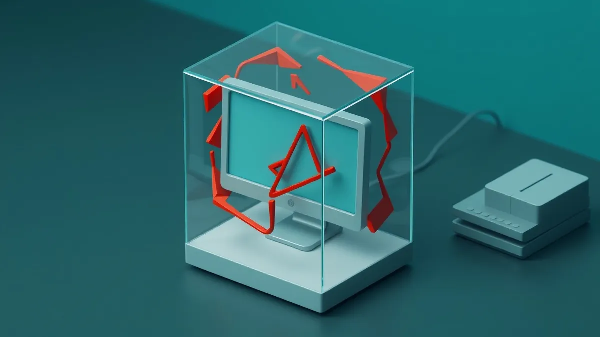 Illustration: A transparent glass cube sits on a dark desk, containing a generic computer monitor with a blank screen.