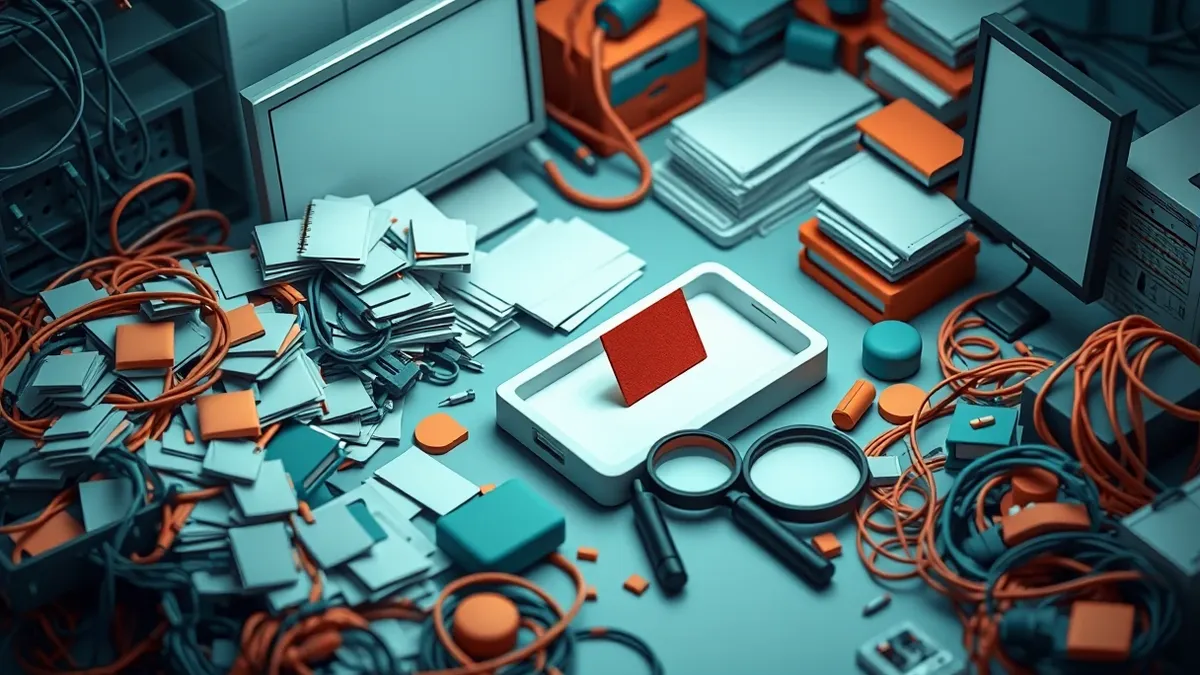 Illustration: A cluttered security analyst desk features a chaotic pile of unsorted physical index cards and tangled cables.