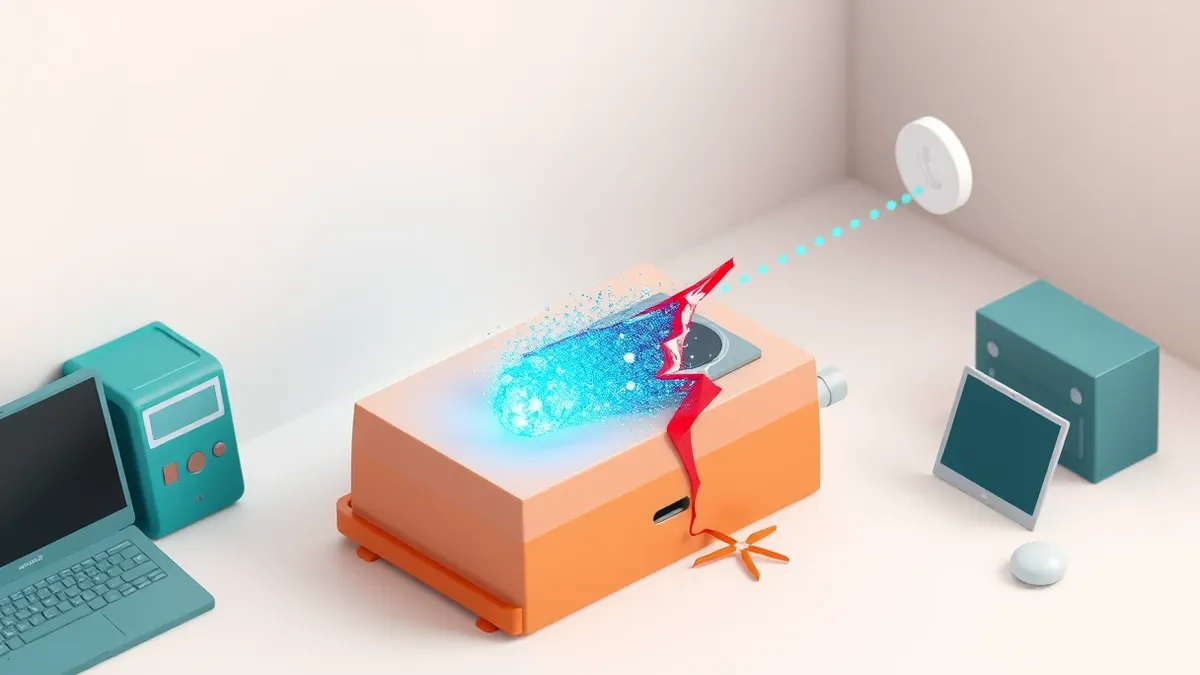 Illustration: A sleek, abstract telemetry box sits on a clean desk, its outgoing data stream represented by glowing blue particles.