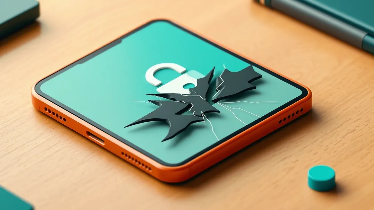 Illustration: A smartphone lies on a wooden desk with its screen displaying a generic banking application icon.