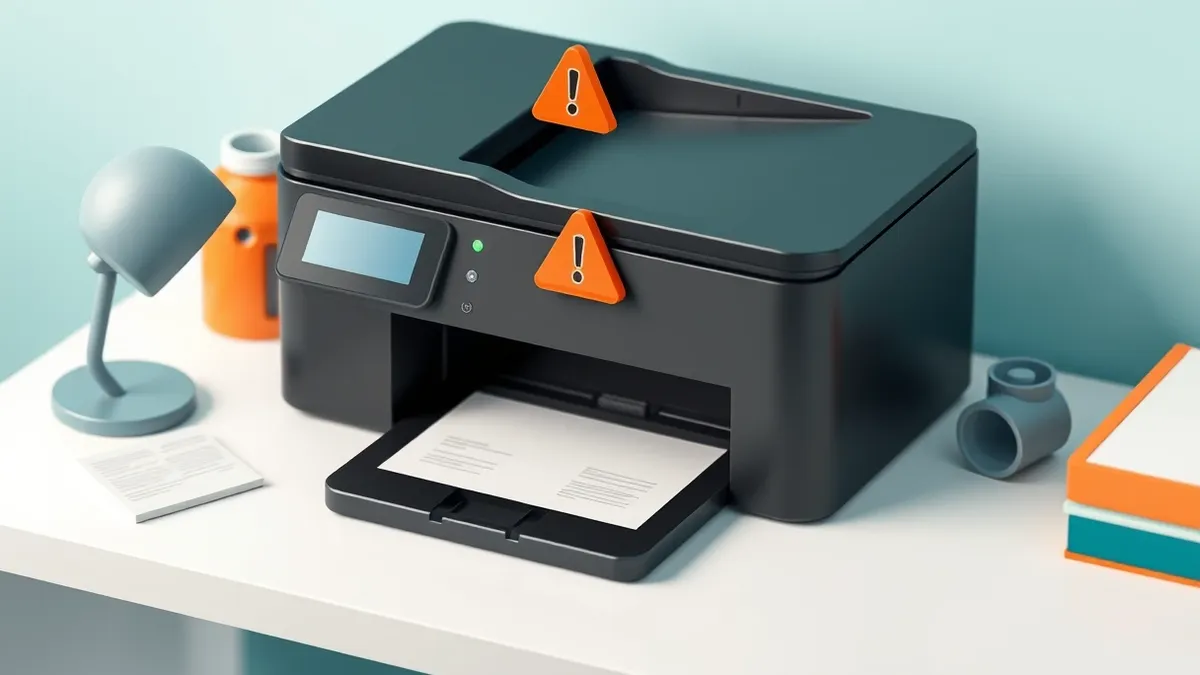 Illustration: A sleek black office printer sits on a clean white desk, its control panel completely blank and dark.
