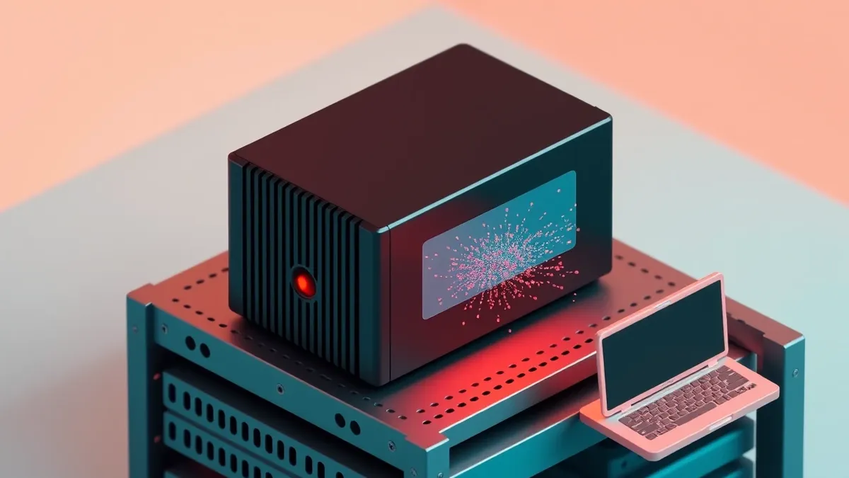 Illustration: A sleek black firewall appliance sits on a metal rack.