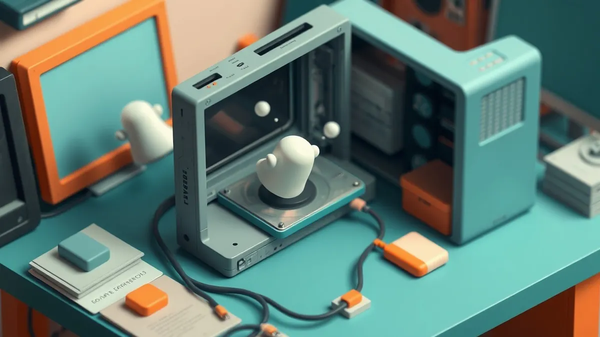 Illustration: A dusty desktop computer sits on a cluttered desk, its hard drive removed and resting nearby.
