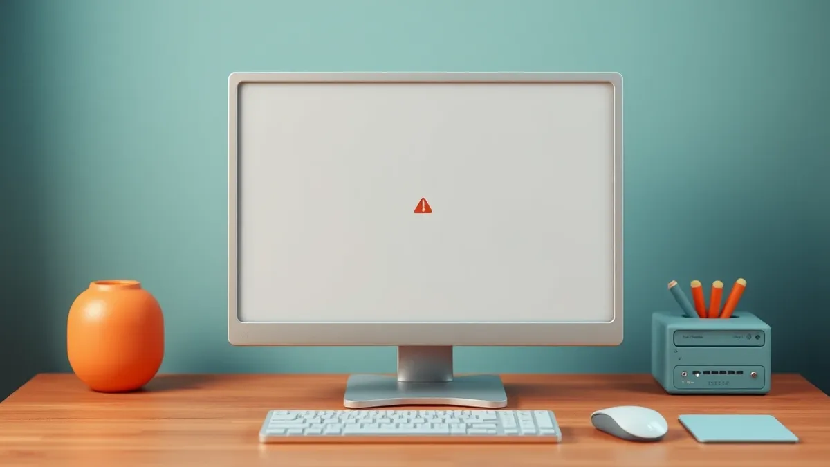 Illustration: A generic desktop computer sits on a wooden desk, its screen displaying a blank white application window that suddenly freezes and turns gray.
