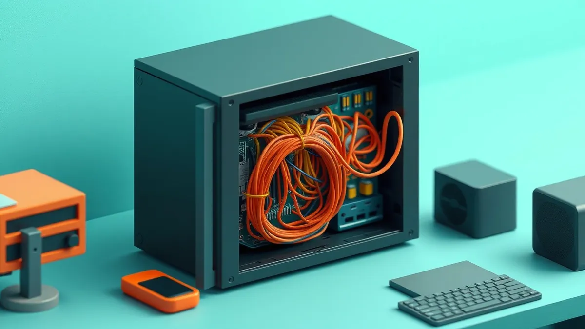 Illustration: A sleek black server box sits on a desk with its side panel removed, revealing a tangled nest of colorful internal wires and circuitry.