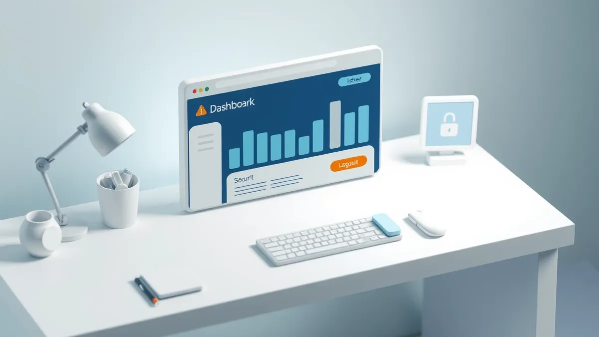 Illustration: A sleek, modern web browser window sits open on a clean white desk, displaying a minimalist dashboard interface with abstract blue and grey bars.