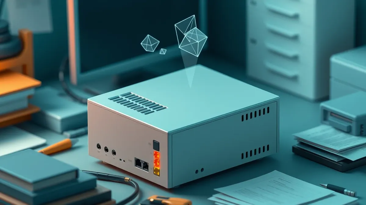 Illustration: A sleek gray network firewall box sits on a cluttered office desk, its status lights pulsing with an unnatural, erratic rhythm.