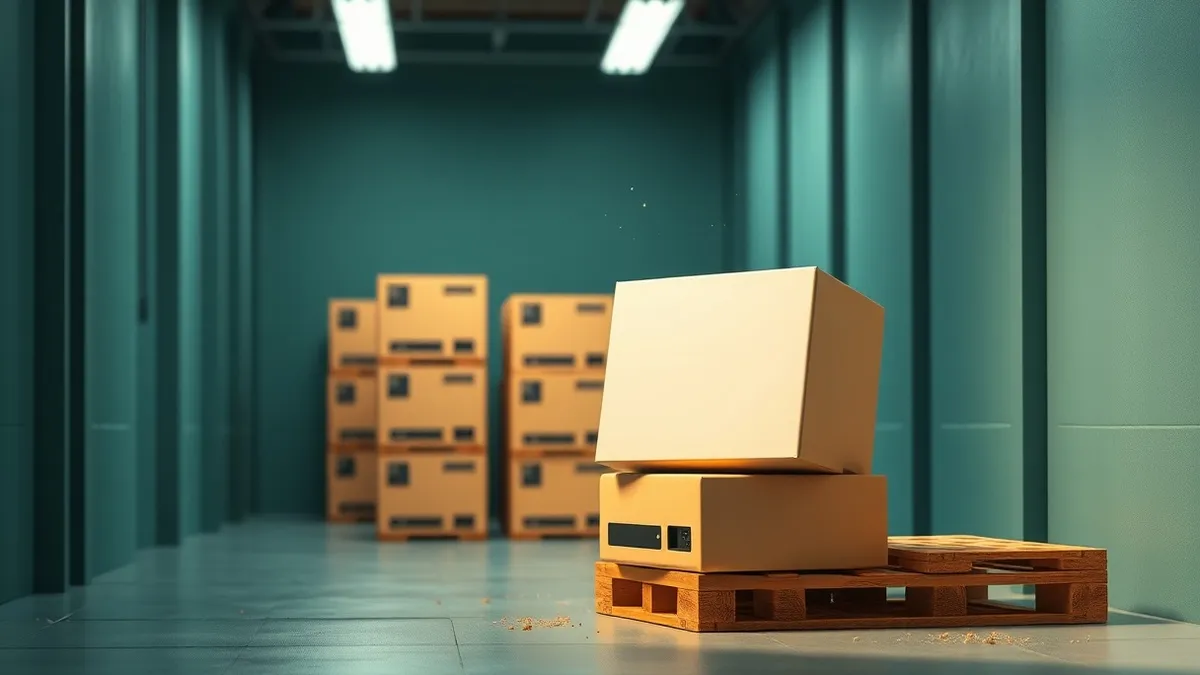 Illustration: A stack of unopened beige computer towers sits in a dimly lit warehouse aisle.