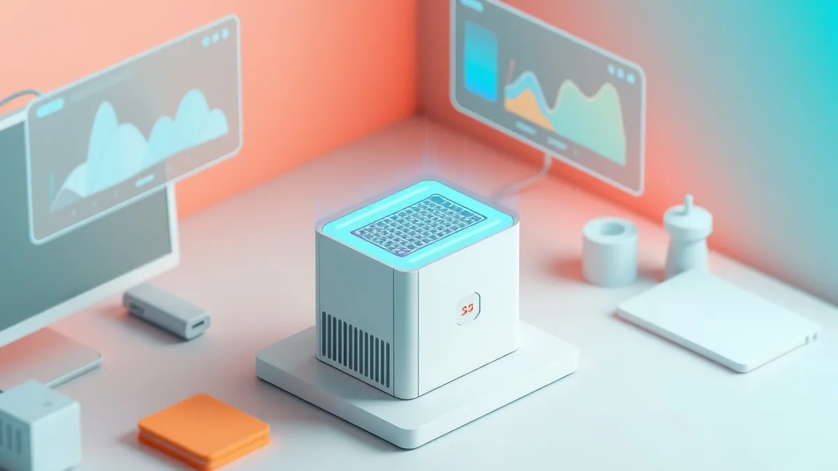 Illustration: A sleek white server sits on a clean desk, connected to a floating holographic dashboard displaying abstract geometric shapes.