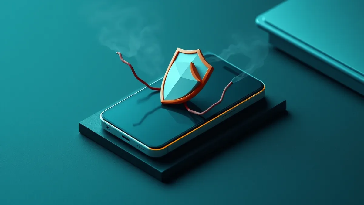 Illustration: A standalone Android smartphone rests on a dark desk with its screen displaying abstract geometric shields.
