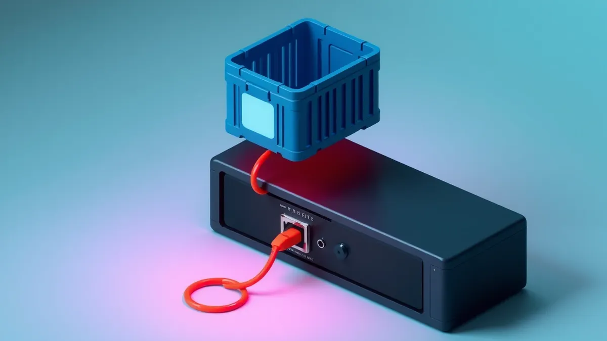 Illustration: A glowing blue container floats above a sleek black server box.