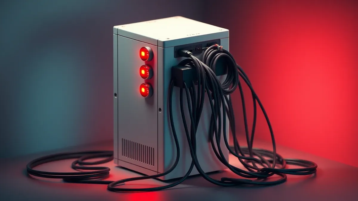 Illustration: A silver rack-mounted server stands in a dimly lit room.