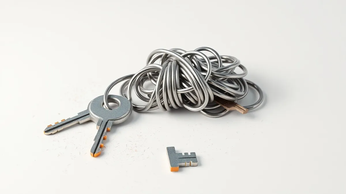 Illustration: A tangled knot of silver keys sits on a sterile white desk, slowly accumulating dust.