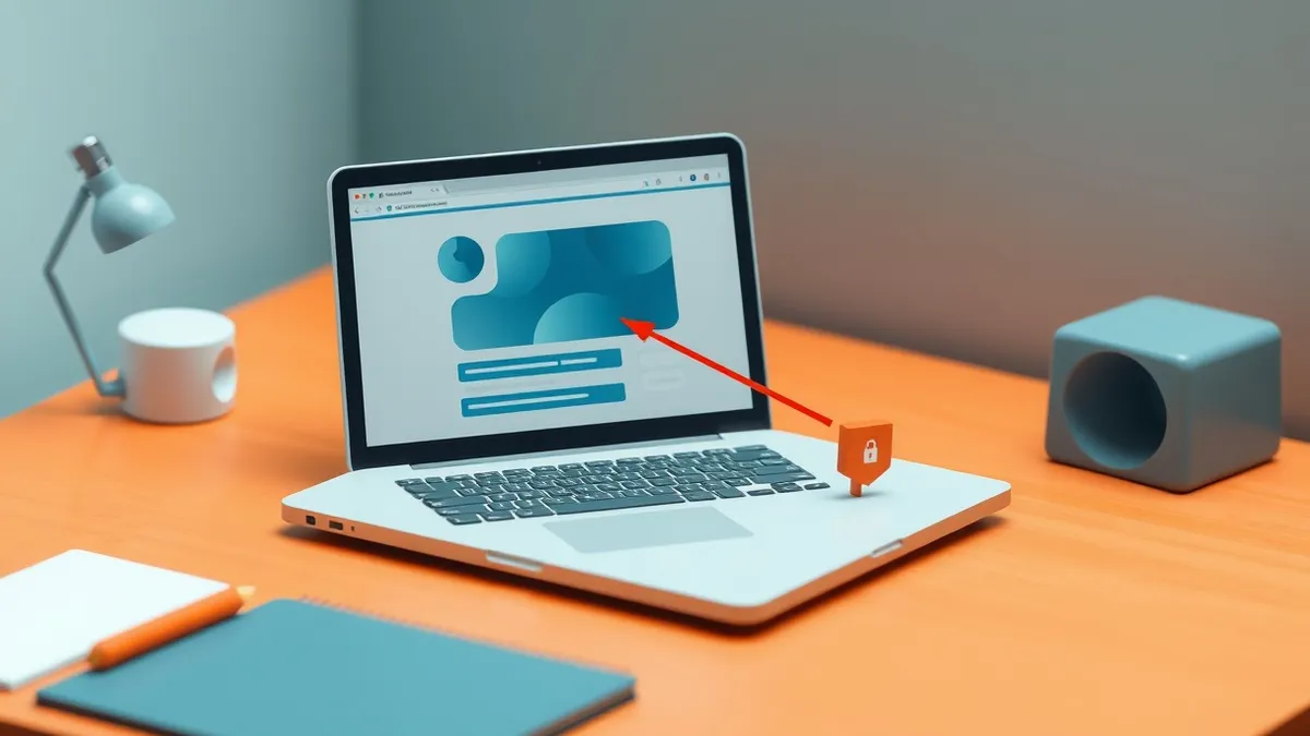 Illustration: A sleek laptop sits on a wooden desk, its screen displaying a clean browser window with generic abstract blue shapes.